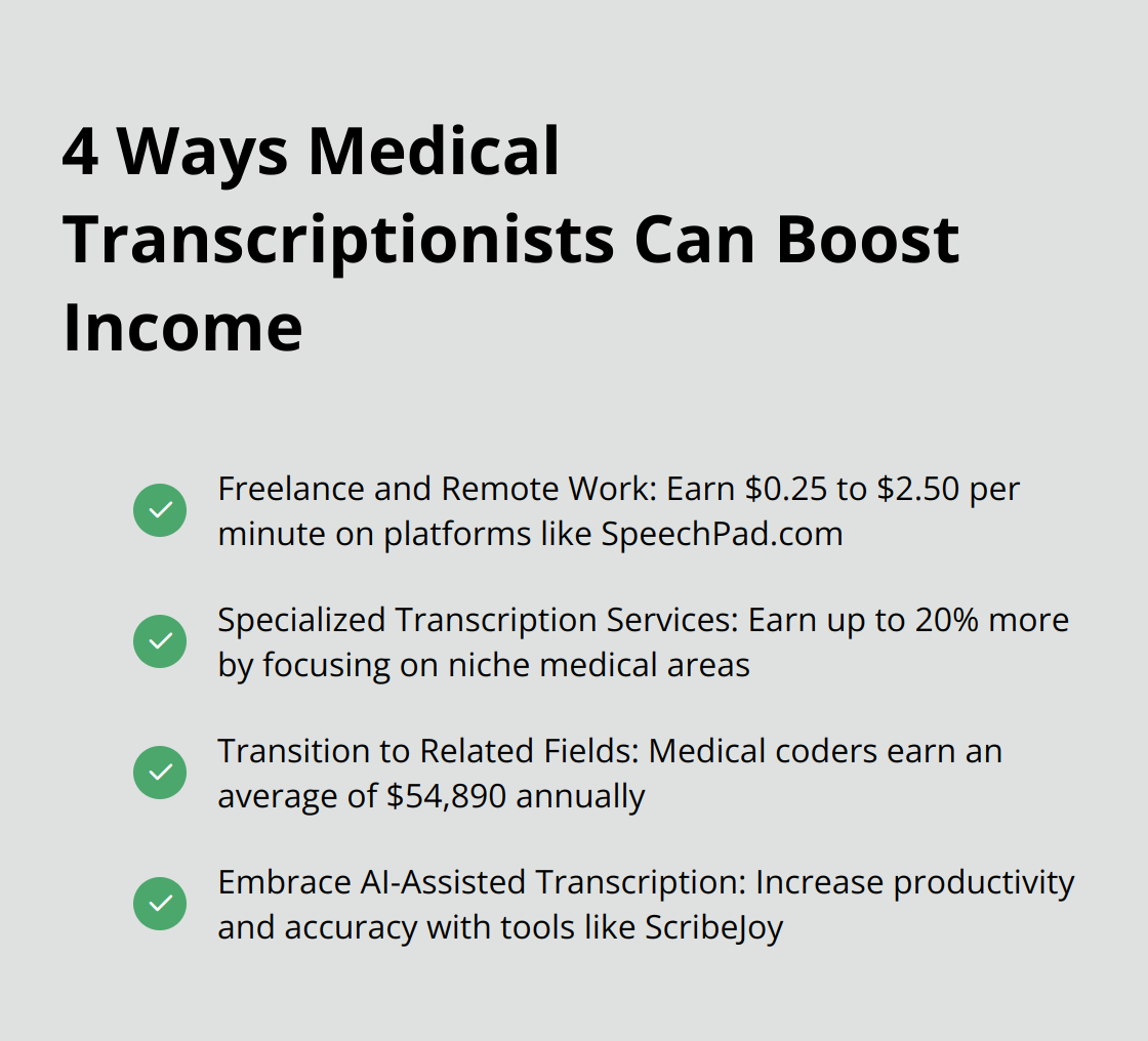 Checkmark list showing 4 ways medical transcriptionists can increase their income: Freelance and Remote Work, Specialized Transcription Services, Transition to Related Fields, and Embrace AI-Assisted Transcription - medical transcription pay rate