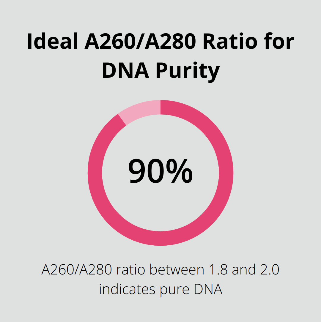 Infographic showing the ideal A260/A280 ratio range of 1.8 to 2.0 for DNA purity