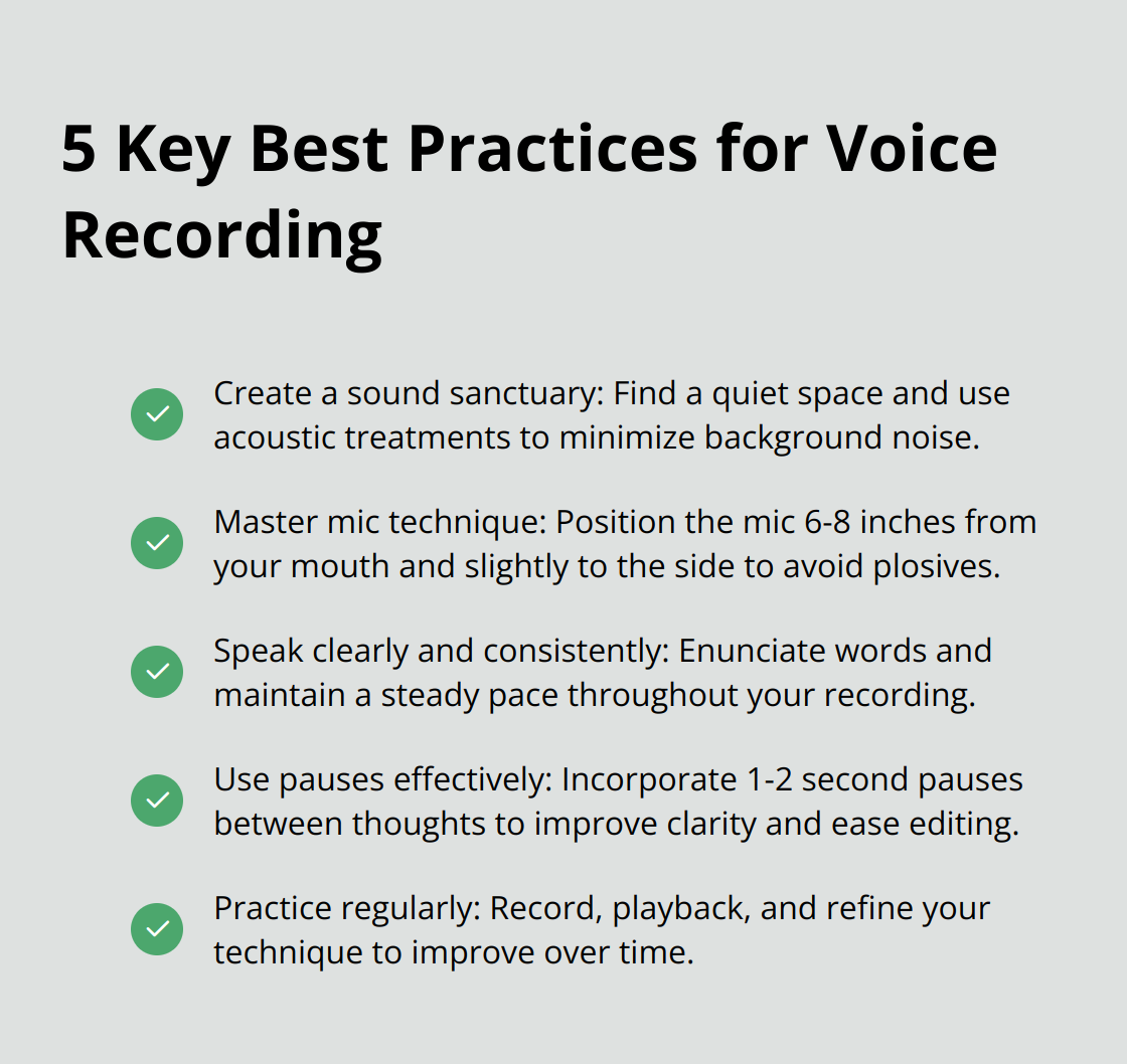 A checklist of 5 best practices for voice recording: Create a sound sanctuary, Master mic technique, Speak clearly and consistently, Use pauses effectively, and Practice regularly - voice recording and transcription